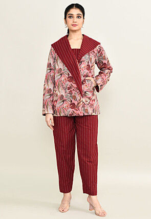 Digital Printed Pure Cotton Lurex Crop Top Set in Maroon