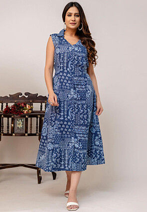 Digital Printed Pure Cotton Lurex Midi Dress in Blue