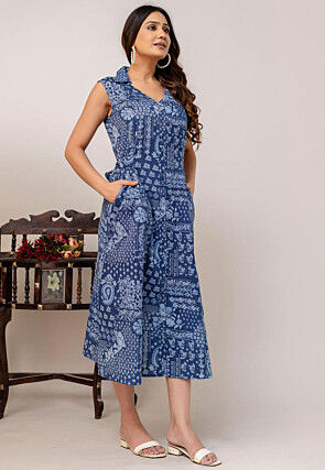 Digital Printed Pure Cotton Lurex Midi Dress in Blue