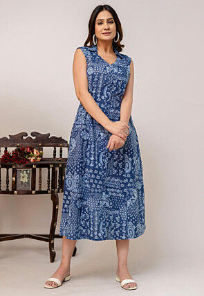 Digital Printed Pure Cotton Lurex Midi Dress in Blue
