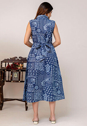 Digital Printed Pure Cotton Lurex Midi Dress in Blue