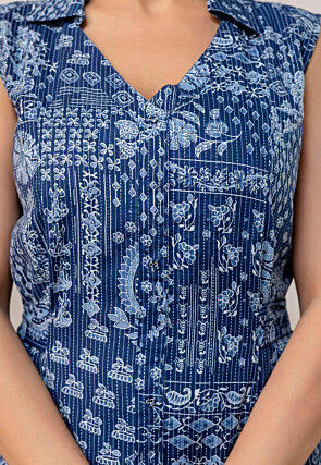 Digital Printed Pure Cotton Lurex Midi Dress in Blue