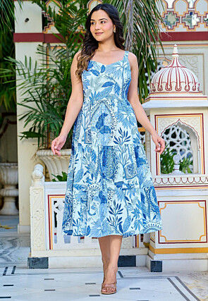 Digital Printed Pure Cotton Lurex Tiered Dress in Sky Blue