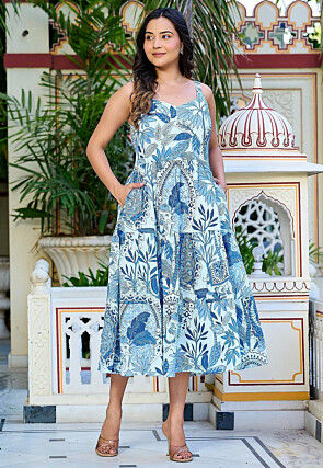 Digital Printed Pure Cotton Lurex Tiered Dress in Sky Blue
