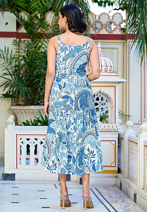 Digital Printed Pure Cotton Lurex Tiered Dress in Sky Blue