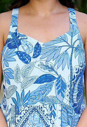 Digital Printed Pure Cotton Lurex Tiered Dress in Sky Blue