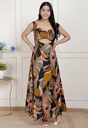 Digital Printed Pure Cotton Maxi Dress in Black