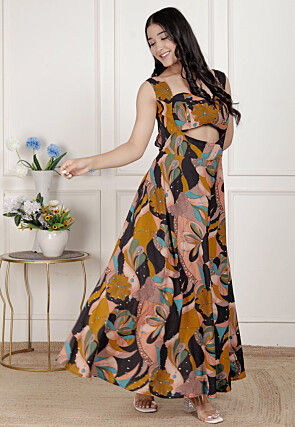 Digital Printed Pure Cotton Maxi Dress in Black