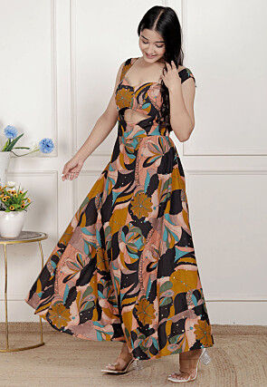 Digital Printed Pure Cotton Maxi Dress in Black