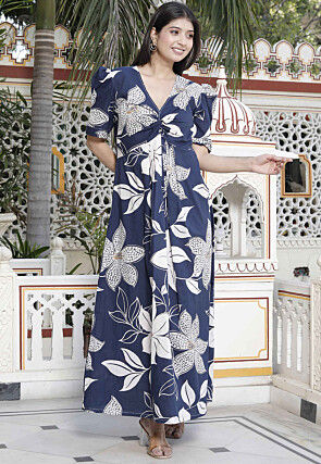 Digital Printed Pure Cotton Maxi Dress in Navy Blue