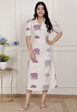 Digital Printed Pure Cotton Maxi Dress in Off White