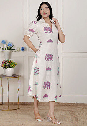Digital Printed Pure Cotton Maxi Dress in Off White