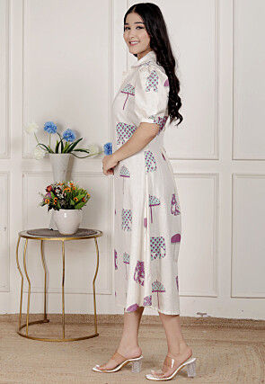 Digital Printed Pure Cotton Maxi Dress in Off White