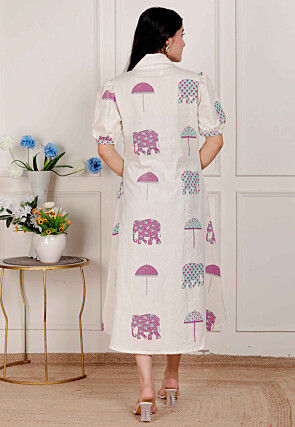 Digital Printed Pure Cotton Maxi Dress in Off White