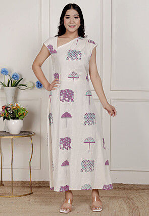 Digital Printed Pure Cotton Maxi Dress in Off White