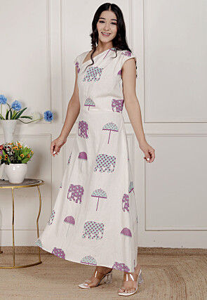 Digital Printed Pure Cotton Maxi Dress in Off White