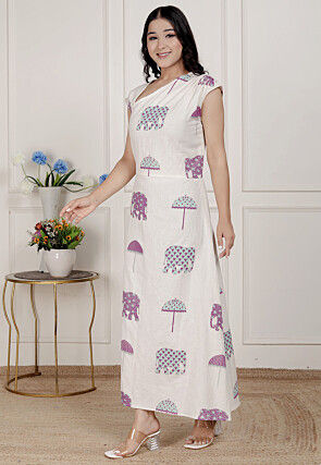 Digital Printed Pure Cotton Maxi Dress in Off White