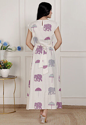 Digital Printed Pure Cotton Maxi Dress in Off White