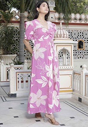 Digital Printed Pure Cotton Maxi Dress in Pink