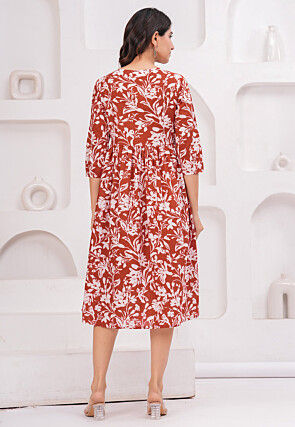 Digital Printed Pure Cotton Midi Dress in Brown