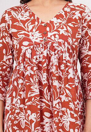 Digital Printed Pure Cotton Midi Dress in Brown