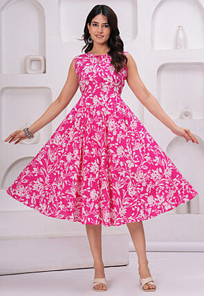 Digital Printed Pure Cotton Midi Dress in Fuchsia