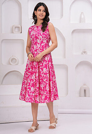 Digital Printed Pure Cotton Midi Dress in Fuchsia