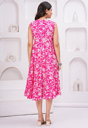 Digital Printed Pure Cotton Midi Dress in Fuchsia