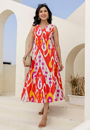 Digital Printed Pure Cotton Midi Dress in Multicolor