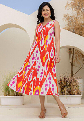 Digital Printed Pure Cotton Midi Dress in Multicolor