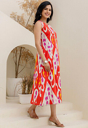 Digital Printed Pure Cotton Midi Dress in Multicolor