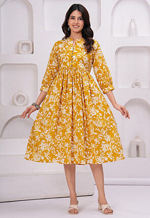 Digital Printed Pure Cotton Midi Dress in Mustard