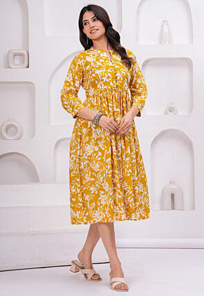 Digital Printed Pure Cotton Midi Dress in Mustard