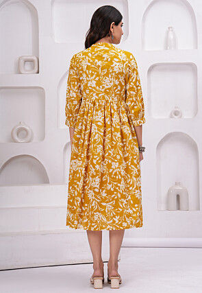 Digital Printed Pure Cotton Midi Dress in Mustard