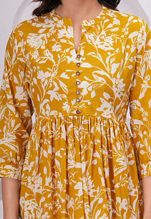 Digital Printed Pure Cotton Midi Dress in Mustard