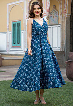 Digital Printed Pure Cotton Midi Dress in Navy Blue