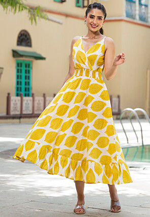 Digital Printed Pure Cotton Midi Dress in White and Yellow