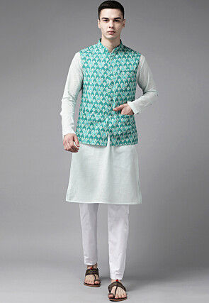 Digital Printed Pure Cotton Nehru Jacket in Teal Green