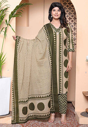 Digital Printed Pure Cotton Pakistani Suit in Beige