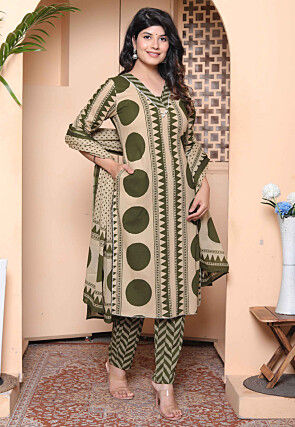 Digital Printed Pure Cotton Pakistani Suit in Beige