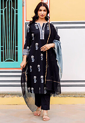 Digital Printed Pure Cotton Pakistani Suit in Black