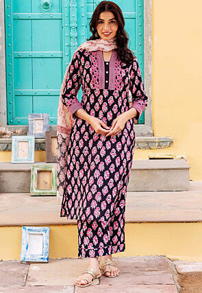 Digital Printed Pure Cotton Pakistani Suit in Black