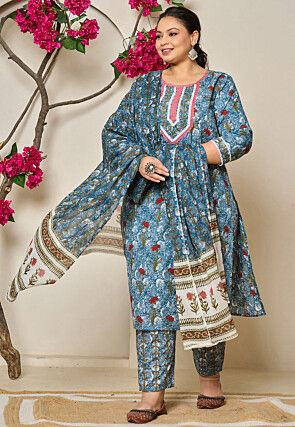 Digital Printed Pure Cotton Pakistani Suit in Blue