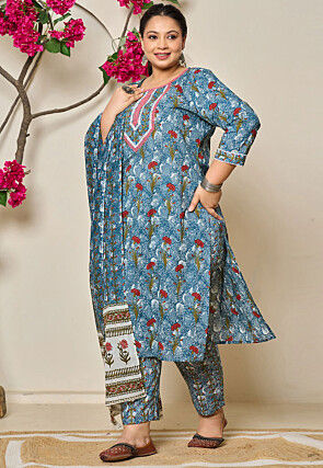 Digital Printed Pure Cotton Pakistani Suit in Blue