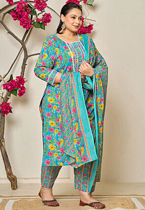 Digital Printed Pure Cotton Pakistani Suit in Blue