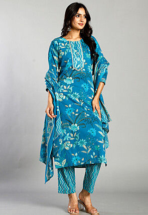 Digital Printed Pure Cotton Pakistani Suit in Blue