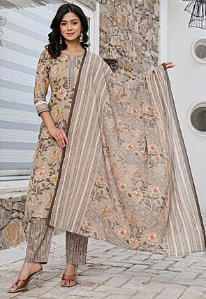 Digital Printed Pure Cotton Pakistani Suit in Brown