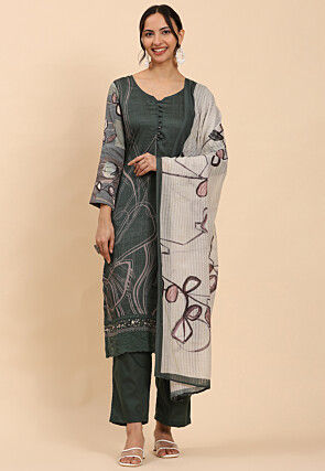 Digital Printed Pure Cotton Pakistani Suit in Dark Green