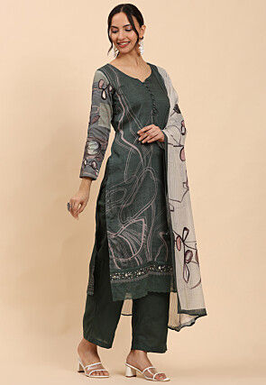 Digital Printed Pure Cotton Pakistani Suit in Dark Green