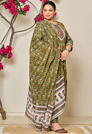 Digital Printed Pure Cotton Pakistani Suit in Green